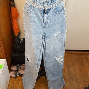 PacSun Blue Boyfriend Distressed Jeans with Rhinestones